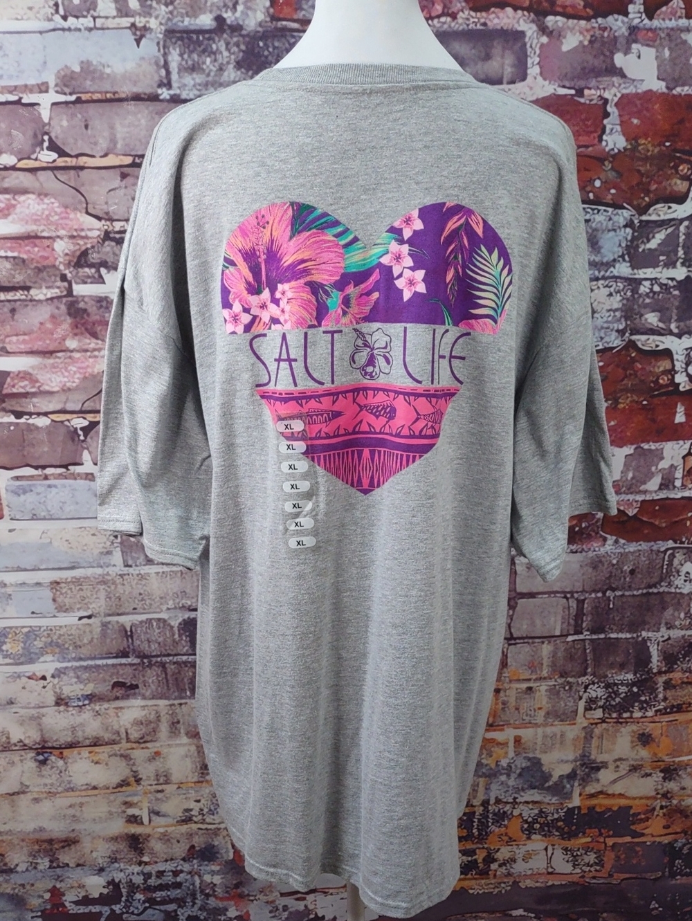 Salt Life Gray Tee with Pink & Purple Tropical Heart Graphic